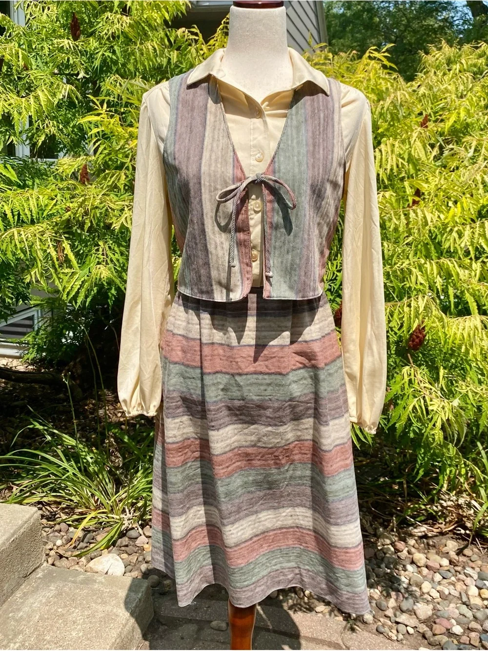 Vintage 70’s Kay Windsor Earth Tone Striped Dress and Vest Outfit Medium Large